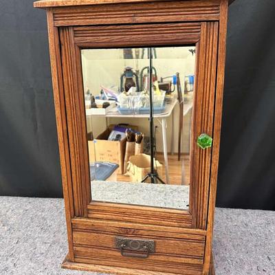 Antique Oak Medicine Cabinet with Mirror and Drawer
