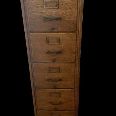 Antique Oak 6-Drawer Filing Cabinet with Brass Pulls

