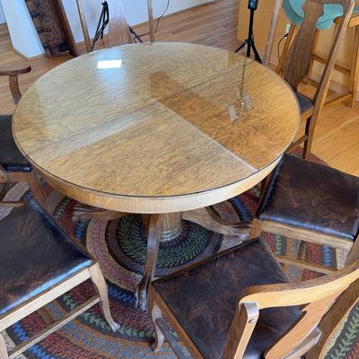 Antique Quarter Sawn White Oak Pedestal Dining Table with 6 Chairs | Glass Top and Upholstered Seats
