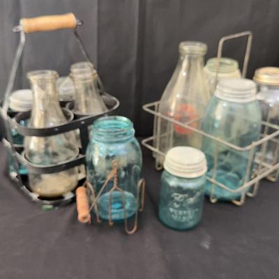 Vintage Mason Jars, Milk Bottles, and Wire Carriers Lot | Ball Perfect Mason 