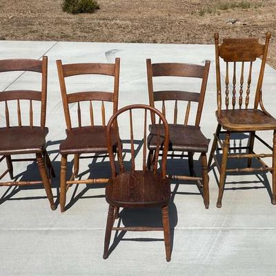Primitive Wooden Ladder-Back and Spindle-Back Chairs | Set of 5 