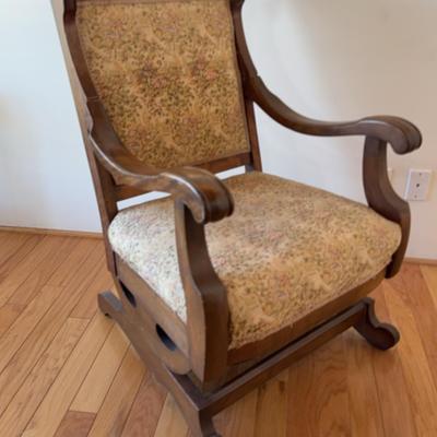 Victorian Revival Carved Rocking Chair | Ornate Scroll Crest, Floral Tapestry Upholstery