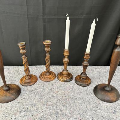 Vintage Wood Candlestick Collection – Set of 6 Turned & Carved Holders, Primitive Rustic Decor