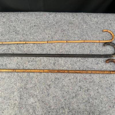 Set of 3 Vintage Bamboo Walking Sticks/Canes – Curved Handles, Natural and Black Lacquered