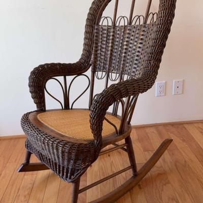 Victorian Wicker Rocking Chair | High Balloon Back, Cane Seat, Antique Style
