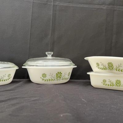 Vintage Glasbake Green Daisy Casserole Dishes with Lids | Set of 4