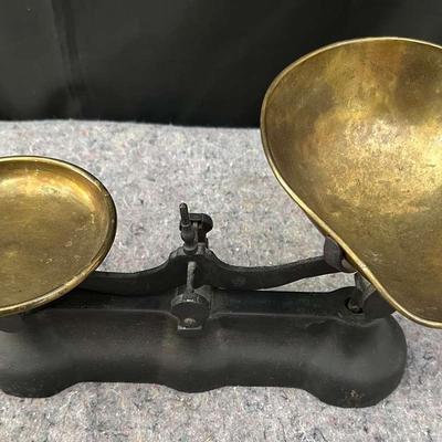 Antique Cast Iron Balance Scale with Brass Pans | Apothecary or Mercantile Style