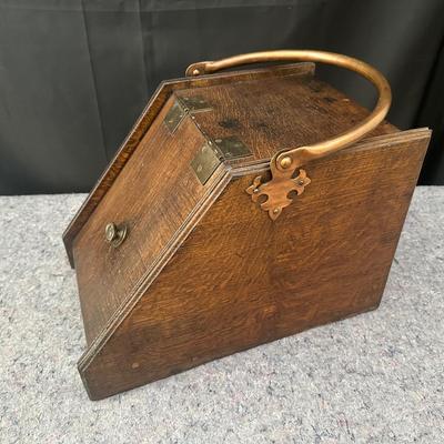 Antique Oak Coal Scuttle Box with Copper Handle