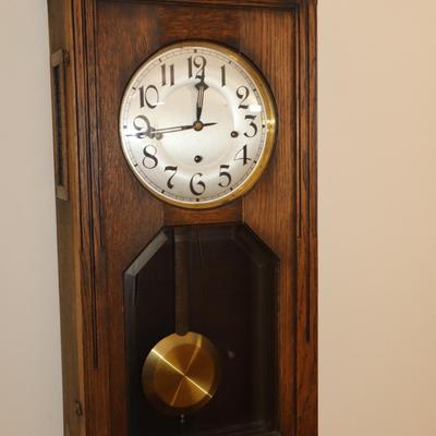 Antique German Wall Clock by Uhrenfabrik Schneider | Oak Case, Mechanical Chime, 1920s