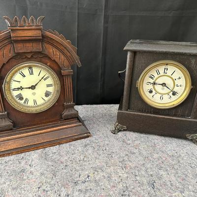 Pair of Antique Mantel Clocks | Carved Wood Gothic Revival & Ornate Brass Footed Clock