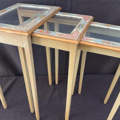 Early 20th Century Nesting Tables With Hand-Painted Floral Theme and Glass Tops