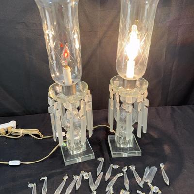 Vintage Crystal Hurricane Lamp with Etched Glass Shade and Prisms | Extra Prisms Included