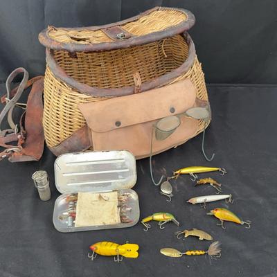 Vintage Fishing Creel Basket with Flies, Lures & Tackle | Wicker & Leather Accents 