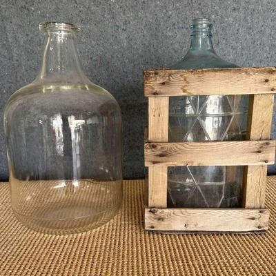 Vintage Glass Carboys | 1 with Wooden Crate and 1 Clear Pyrex Demijohn