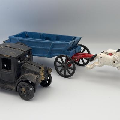 Vintage Cast Iron Toys | Horse-Drawn Wagon and Early Automobile 