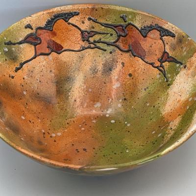 Orion Crossing Ceramic Art Bowl by Cynthia Andersen | 2014 Signed | Horse Motif | USA