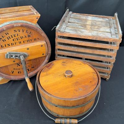 Antique/Primitive Wood Items | Firkin Bucket, White Cedar Cylinder Butter Churn and Slat Drying Rack