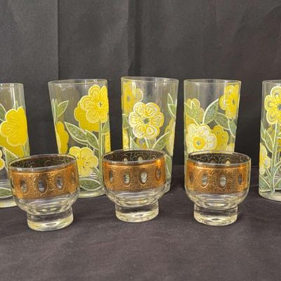 Culver Ltd Glassware | 7 Mid-Century Daisy Highballs & 5 Pisa Gold Roly Poly Glasses | MCM
