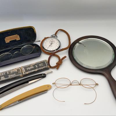 Antique Grooming & Optical Lot | Gold-Filled Eyeglasses, Razors, Stopwatch, Mirror