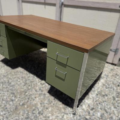 Vintage Mid-Century Steelcase Desk | Avocado Green with Wood Laminate Top