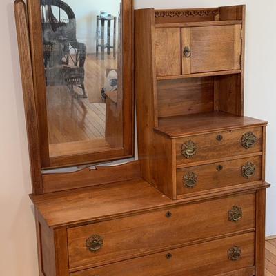 Victorian Oak Vanity Dresser | Mirror & Asymmetrical Drawers | Ornate Brass Pulls