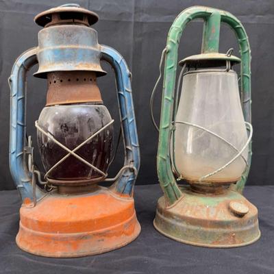 Pair of Antique Dietz Oil Lanterns | Air Pilot & Junior Models | Rustic Patina