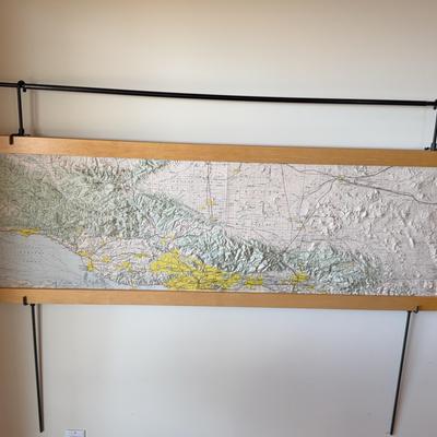 Framed 3D Topographic Map with Mojave Desert Centered | Wall Mount with Suspended Rod Display System