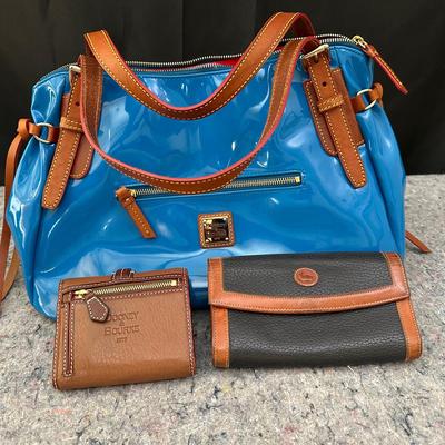 Dooney & Bourke Blue Patent Leather Satchel with Tan Leather Trim, Wallet & Coin Purse