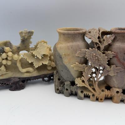 Vintage Chinese Soapstone Carvings | Floral Double Vase and Grape Motif Sculpture

 