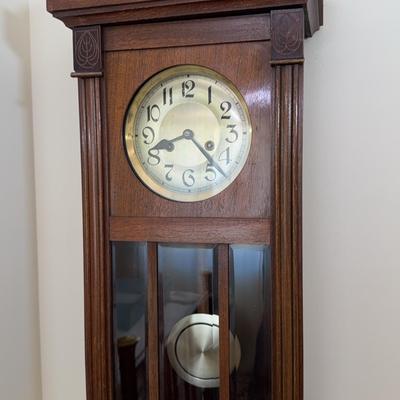 Vintage Wall Regulator Clock | Oak Case, Brushed Metal Dial & Pendulum, Early 20th Century