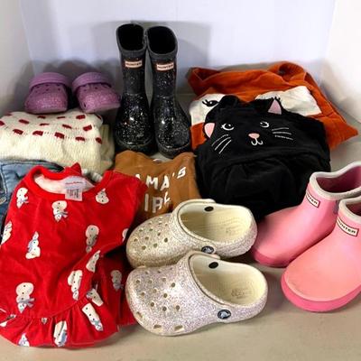 Toddler Sized Girl’s Clothing, Hunter Boots And Crocs