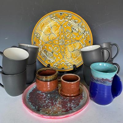 Signed Art Pottery With Set Of Noritake Colorwave Stoneware Cups