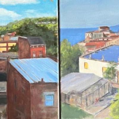 Larry Griggs Oil Rooftop Views Paintings, Unsigned 