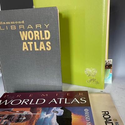 World Atlas, Road Atlas And Vintage Album With Postcards 