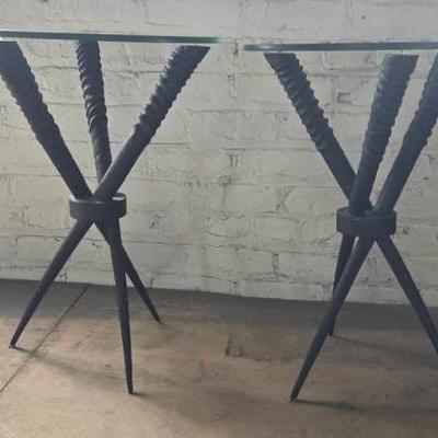 Pair Of Cast Aluminum and Glass Kudu Horn End Tables 