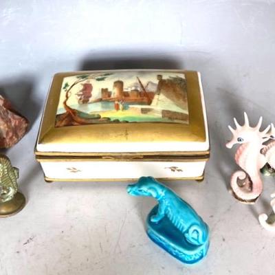 French Jewelry Casket With Chinese Mud Dog, Petrified Wood And Miniatures 