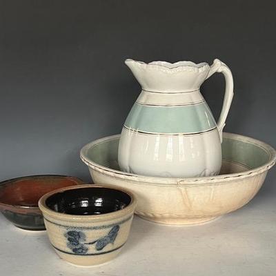 Antique Victorian Ironstone Pitcher and Bowl with Pottery Bowls