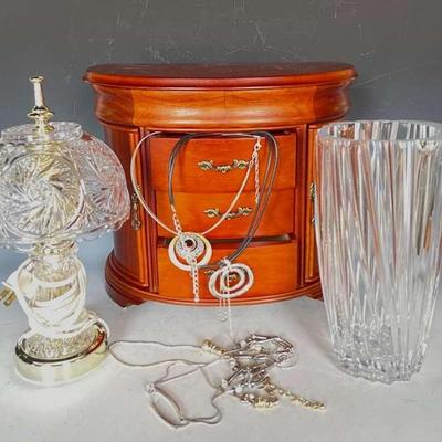 Lead Crystal Nocturne Vase With Crystal Lamp And Jewelry Box With Costume Jewelry 