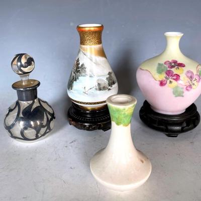 Silver Overlay Bottle With Japanese And Austria Antique Porcelain Vases