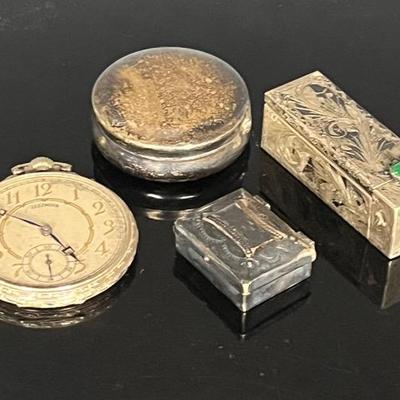 800 Silver Trinket Boxes and Silver Plate Pocket Watch