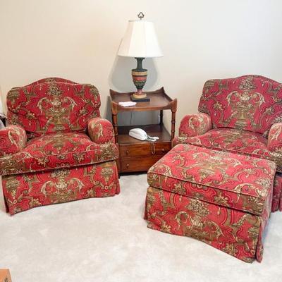 Armchair- Maroon upholstered Armchair by Southwood, Hickory, NC # 2	"Chair: 34”h x 34”w x 36” d
Ottoman: 17”h x 29”w x 22”d"
