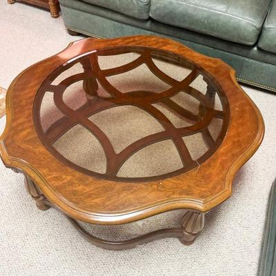 Vintage Quatrefoil wood and glass top coffee table by Gordon’s 	38” dia x 17” h