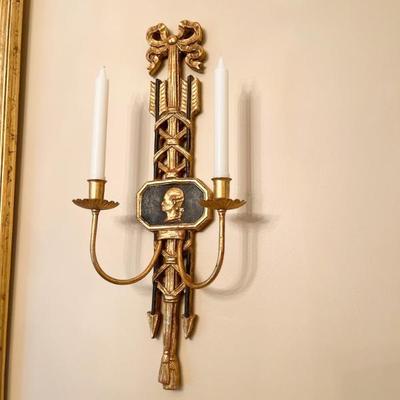 Vintage Pair of Wood Black and Gold Reproduction Wall Sconces with Candles