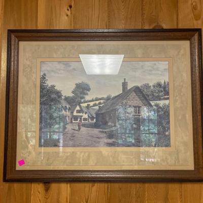 Art - Framed Cottage scene with Man walking	27” x 21”