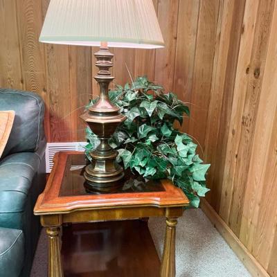 Vintage Glass top/ wood base accent table by Gordon’s #2	21”h x 22”w x 25”d
