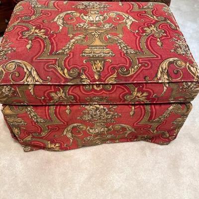 Maroon upholstered ottoman by Southwood, Hickory,
Ottoman: 17”h x 29”w x 22”d"