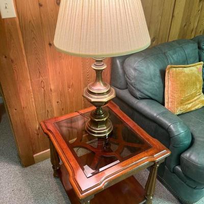 Vintage Glass top/ wood base accent table by Gordon’s #1	21”h x 22”w x 25”d