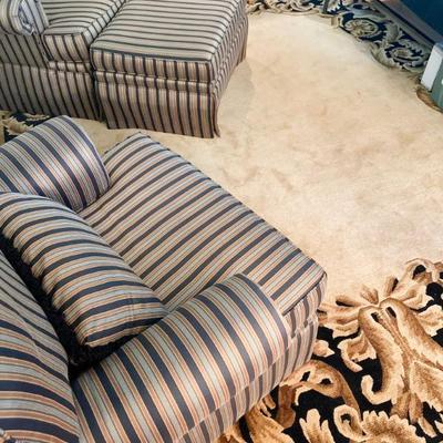 Armchair- Green, Black and Gold  striped Upholstered Arm Chair by Southwood, Hickory, NC # 1	34h” x 31w” x 37d”