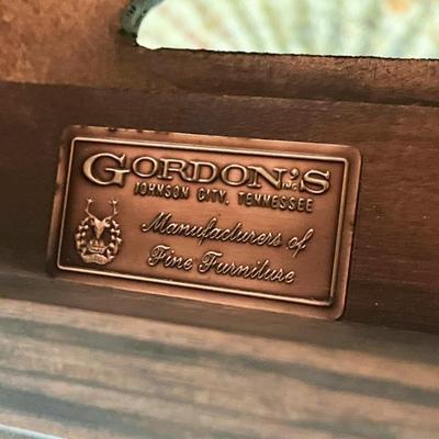 Vintage Glass top/ wood base accent table by Gordon’s #1	21”h x 22”w x 25”d Label