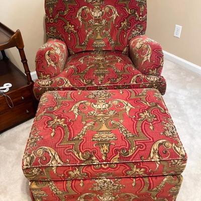Armchair- Maroon upholstered Armchair by Southwood, Hickory, NC # 2	"Chair: 34”h x 34”w x 36” d
Ottoman: 17”h x 29”w x 22”d"